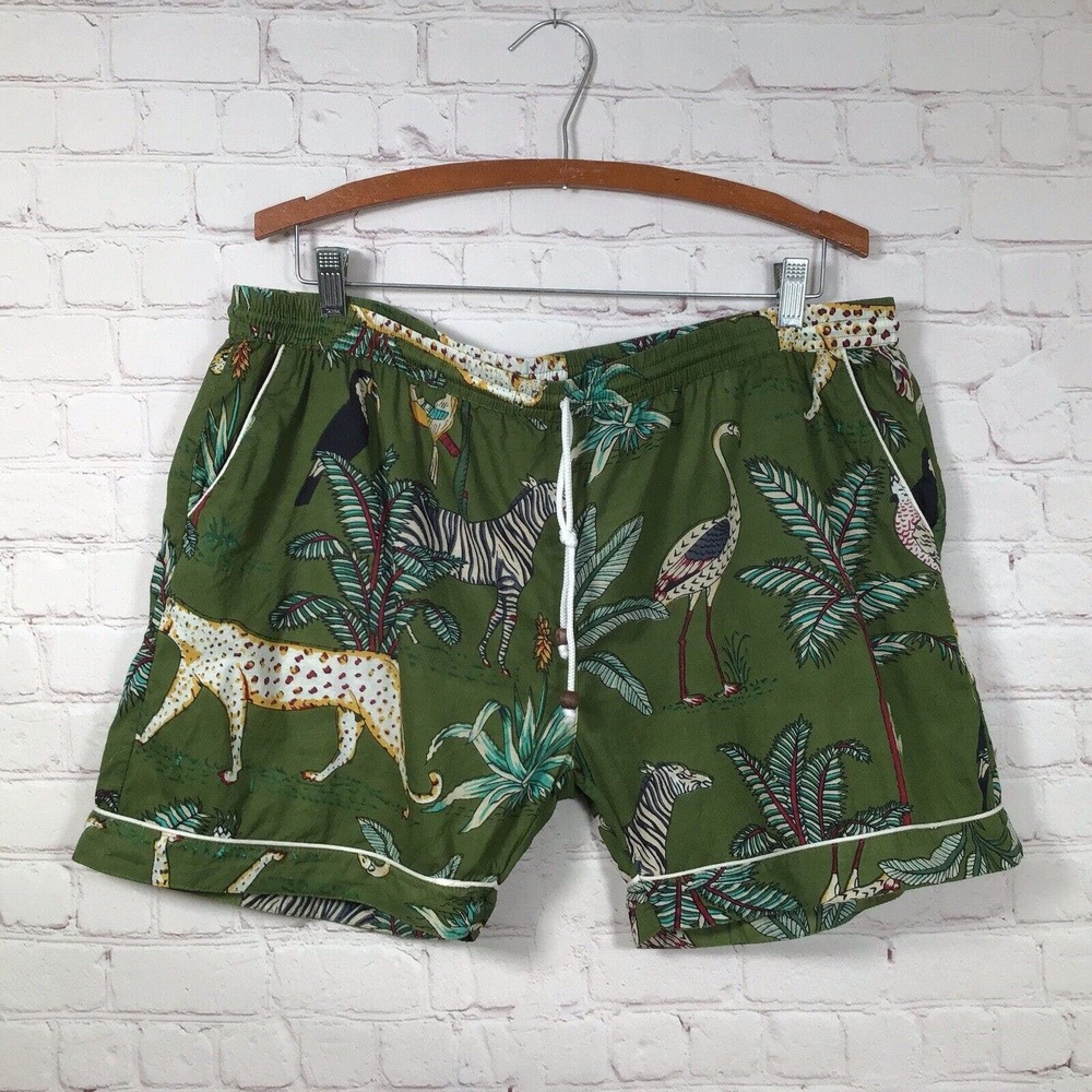 Cotton Jungle Print Sleep Shorts Drawstring Waist Womans XL Green Pajama Lounge